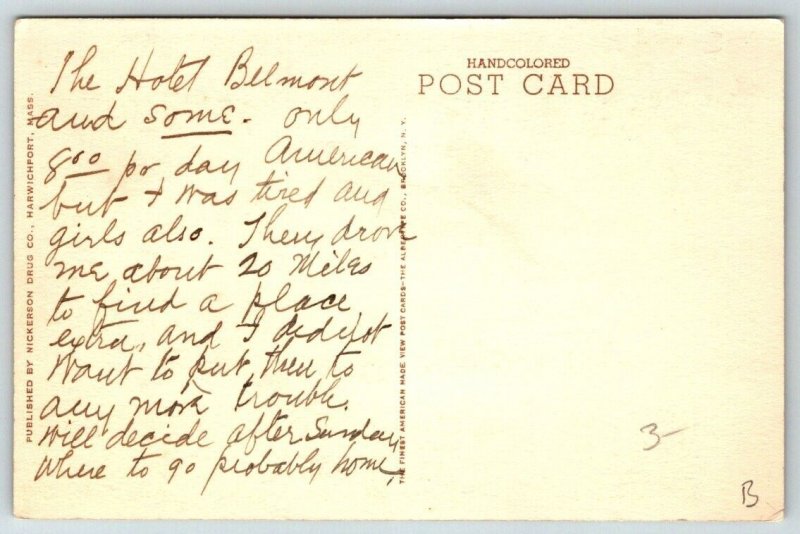 Hand Colored The Belmont  West Harwich  Cape Cod  Massachusetts   Postcard
