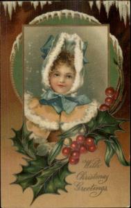 Christmas - Little Girl Winter Coat Hood Blue Ribbon Holy Border Postcard