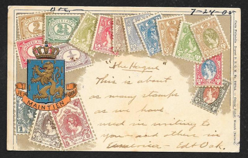 NETHERLANDS Stamps on Postcard Embossed Shield Used c1905