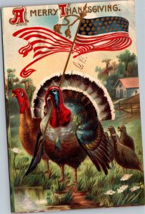 Postcard Patriotic Turkey carrying Flag with turkey and fowl behind embossed