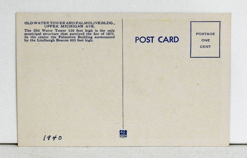 Old Water Tower and Palmolive Bldg.  by Night, Chicago - Postcard