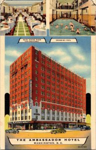 Ambassador Hotel Washington D.C. Linen Postcard Street View Cancel WOF 1c Stamp 
