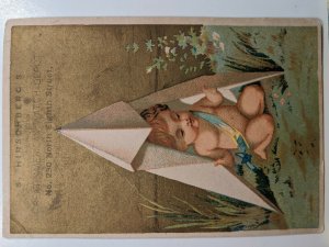 1880s S Hirschberg Great Watch Depot Trade Card Baby Paper Airplane Gold Litho 