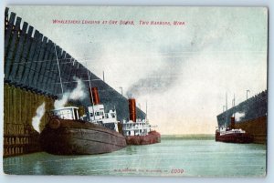 Two Harbors Minnesota MN Postcard Whalebacks Loading Ore Docks Steamer Ship 1910