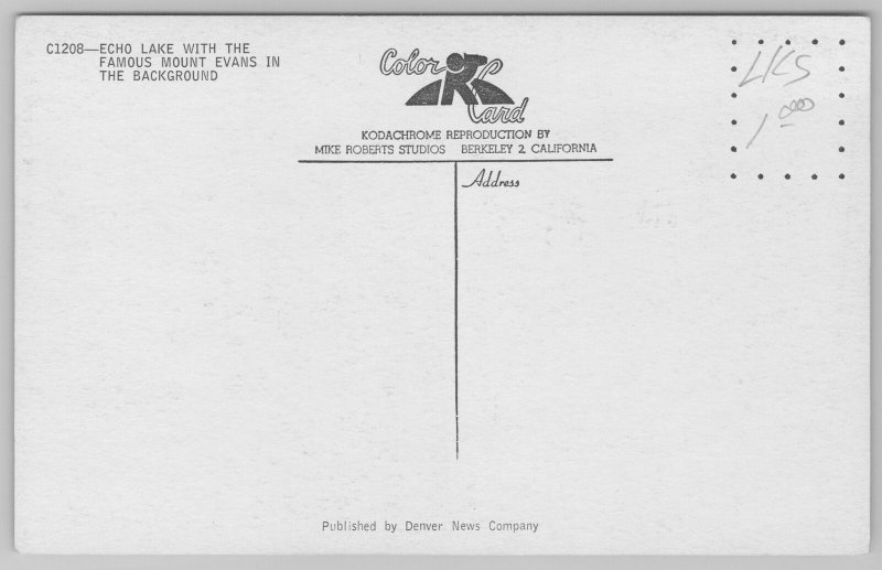 California~Echo Lake With The Famous Mount Evans~Standard Chrome Postcard