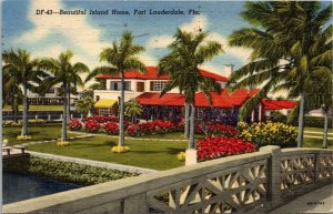 Vtg 1952 Beautiful Island Home Fort Lauderdale Florida FL Linen Postcard