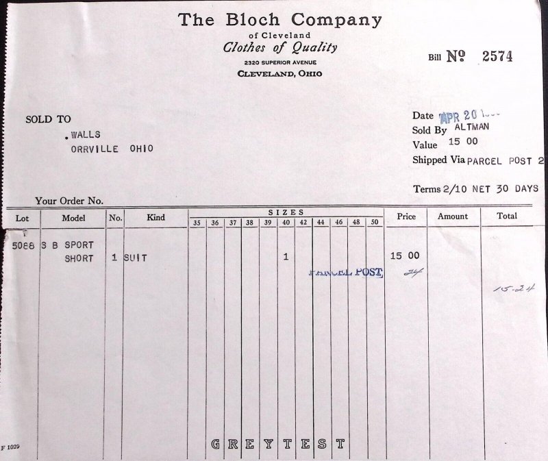 1938 THE BLOCH COMPANY CLOTHES OF QUALITY ORRVILLE OHIO BILLHEAD STATEMENT Z361