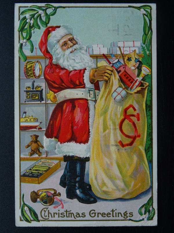 CHRISTMAS GREETINGS Santa Clause Filling Sack with Toys c1920s Embossed Postcard