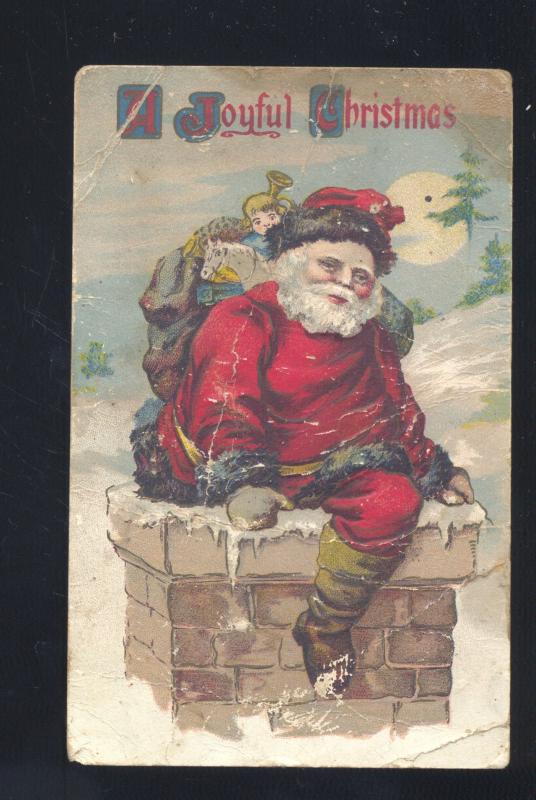 SANTA CLAUS RED ROBE CHIMNEY A JOYFUL CHRISTMAS ANTIQUE VINTAGE POSTCARD