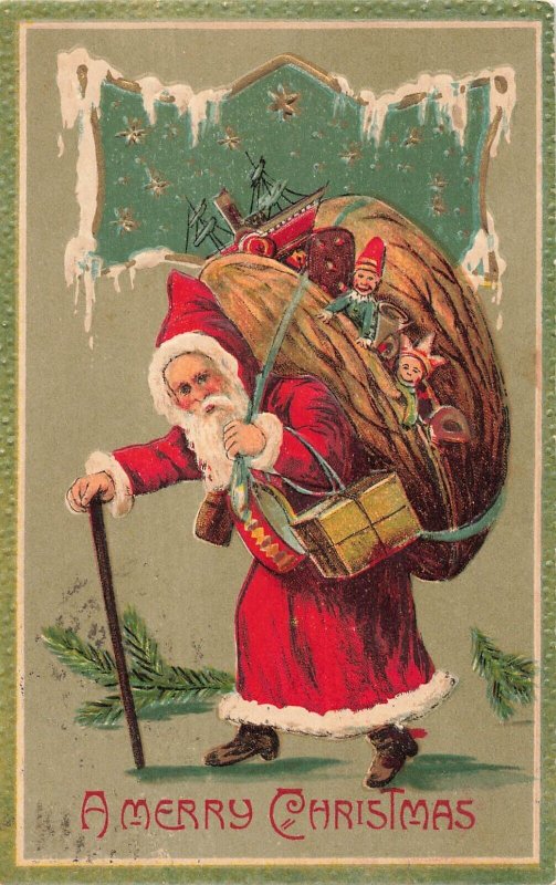 SANTA CLAUS~USES WALKING STICK TO CARRY LARGE BAGOF TOYS~1908 CHRISTMAS POSTCARD