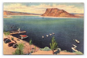 Elephant Butte Lake New Mexico c1938 Postcard Boats Antique Automobiles