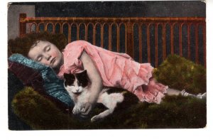 Young Girl Sleeping with Cat, Used 1908 New Jersey