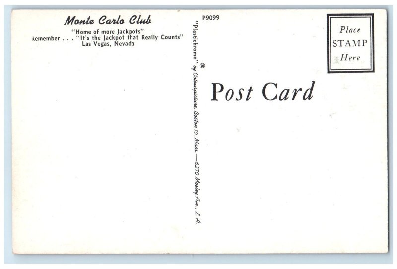 c1920 Monte Carlo Club Home Of More Jackpots Signage View Las Vegas NV Postcard
