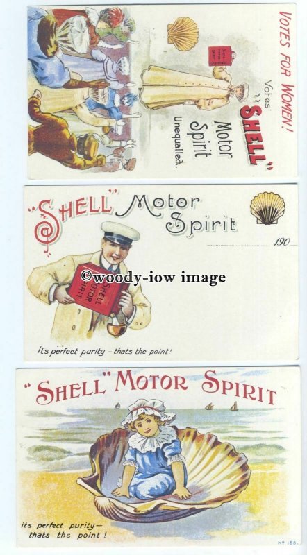 su3256 - Shell Motor Spirit, Seaside,Suffragette, and Mechanic - 3 postcards