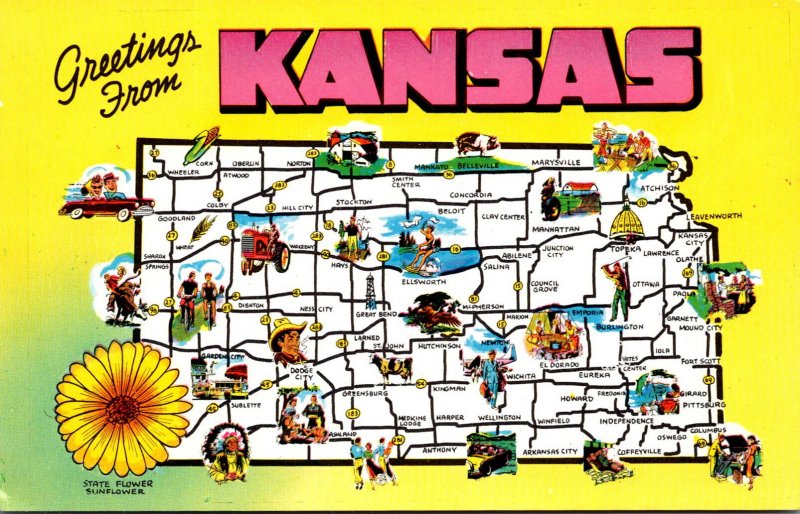 Map Of Kansas The Sunflower State With State Flower The Sunflower