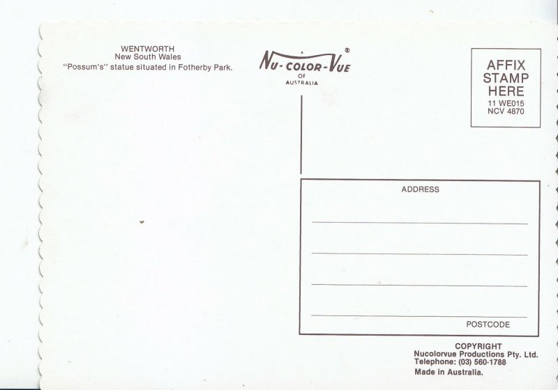Australia Postcard - Possum's Statue  - Wentworth - New South Wales  AB1866