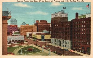 Vintage Postcard 1930's Looking Across Court House Lawn at Farnam Omaha Nebraska
