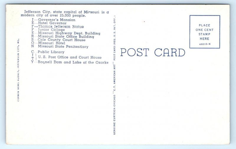 Large Letter Linen JEFFERSON CITY, Missouri MO ~ CAPITOL 1940s Curteich Postcard