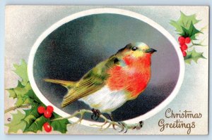 Christmas Postcard Greetings Bird And Holly Berries Winsch Back Embossed c1910's