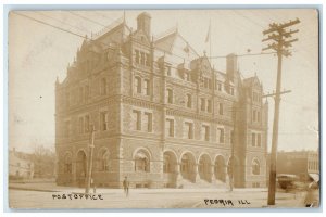 1908 Post Office Building Trolley Peoria Illinois IL RPPC Photo Antique Postcard