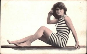 Bathing Beauty Woman in Old Fashioned Swimsuit Seductive Pose c1910 Postcard