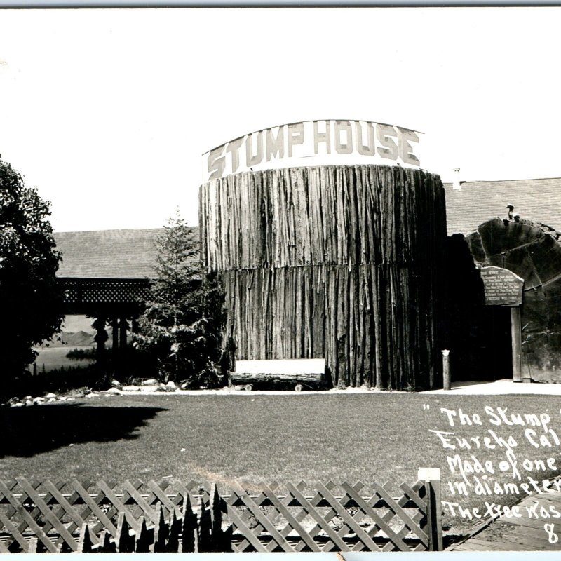 c1940s Eureka, CA RPPC Stump House Real Photo 20 Foot Dia Redwood Tree Wood A79