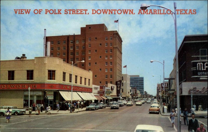 Amarillo Texas TX Polk Street Downtown Classic 1950s Cars Vintage Postcard