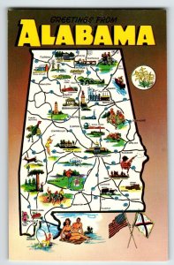 Postcard Greetings From Alabama Map Chrome Turkey Fishing Wild Animals Unposted