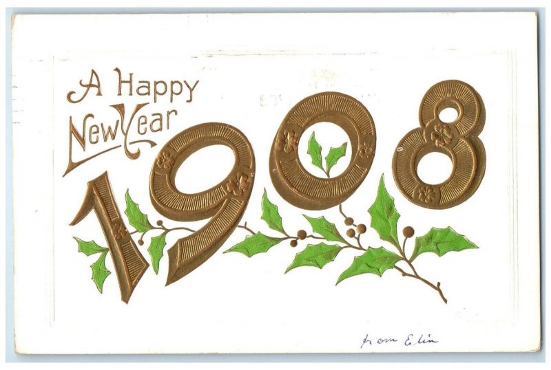 1908 New Year Large Numbers Berries Embossed Manchester NH Antique Postcard
