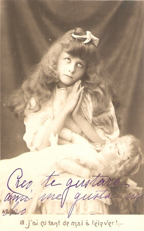 Pretty little girl with her doll Lovely old vintage French postcard