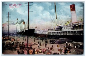 c1920's Busy Day Along The Wharf Galveston Texas TX, Steamer Vintage Postcard