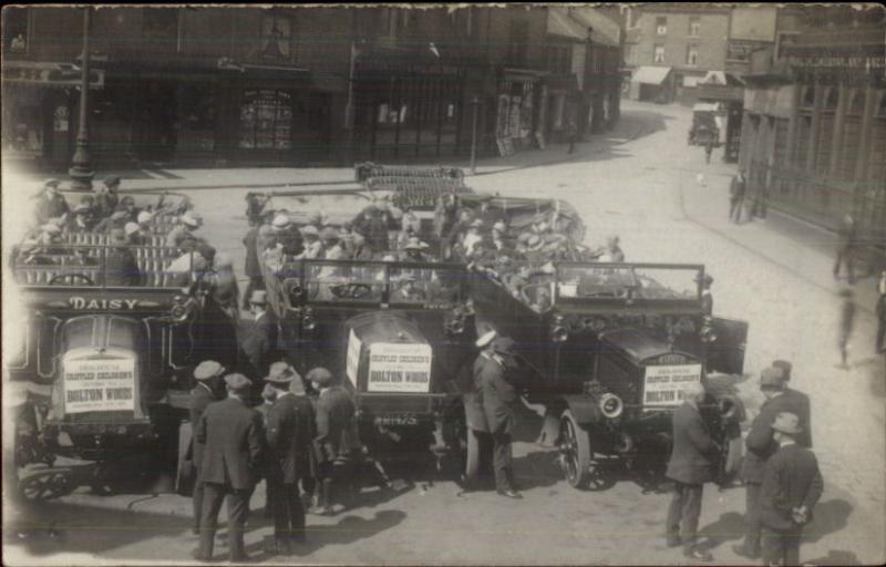 Brig House Crippled Children's Outing to Bolton Woods Cars in Street RPPC dcn