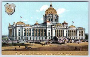 LITTLE ROCK ARKANSAS STATE CAPITOL BUILDING GOLD EMBOSSED COAT OF ARMS POSTCARD