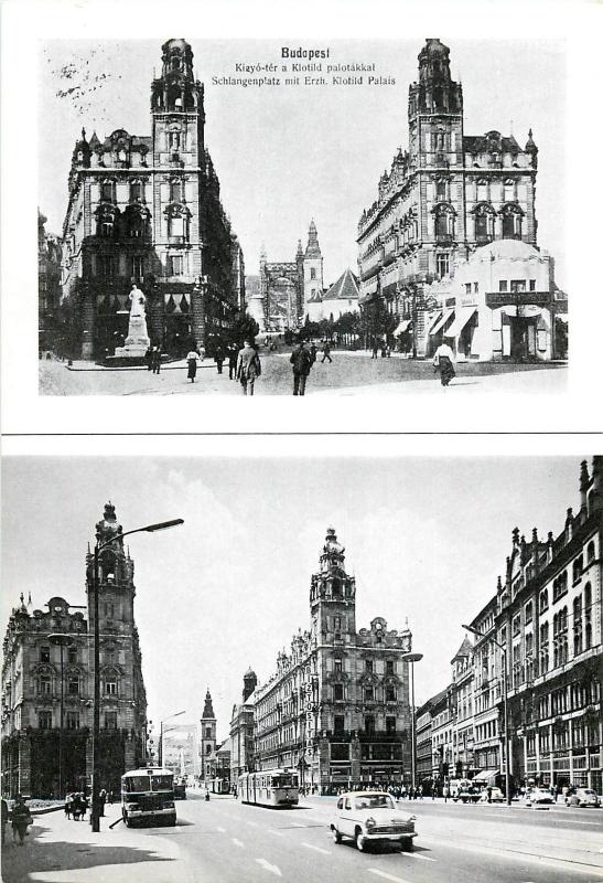 Atypical15x21cmpostcard Hungary Budapest Klotild palace now & then 1970s reprint