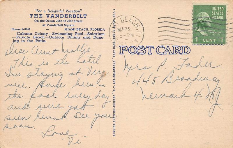 The Vanderbilt, Miami Beach, Florida, Linen Postcard, Used in 1951