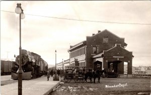 RPPC Train Dray Wagon Milwaukee Depot Lewistown Montana Real Photo POSTCARD