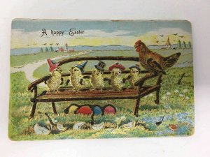 Happy Easter Postcard Chicks in Hats Glitter Chicken Bench