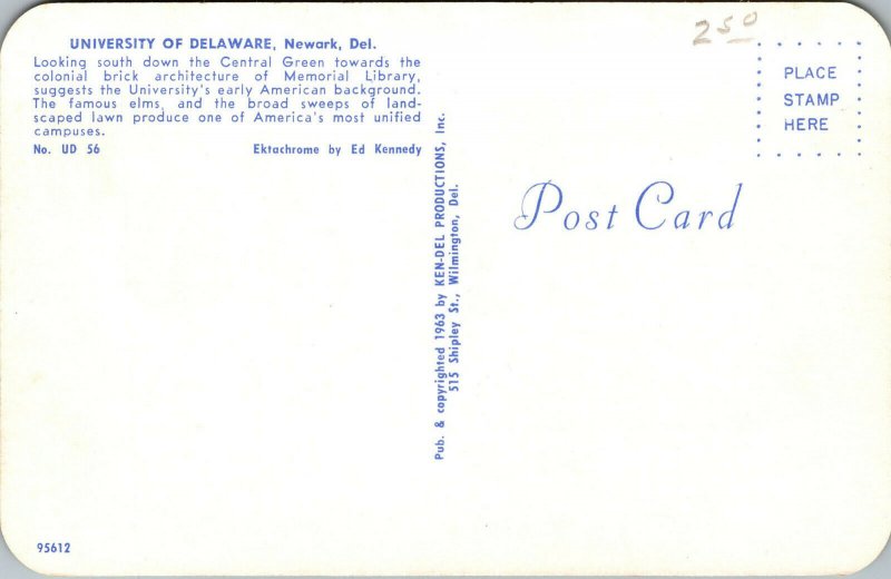 Vtg 1960s University of Delaware Central Green Campus Newark DE Chrome Postcard