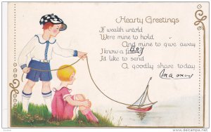 Hearty Greetings, Poem, Boy and girl playing with toy sail boat, 00-10s