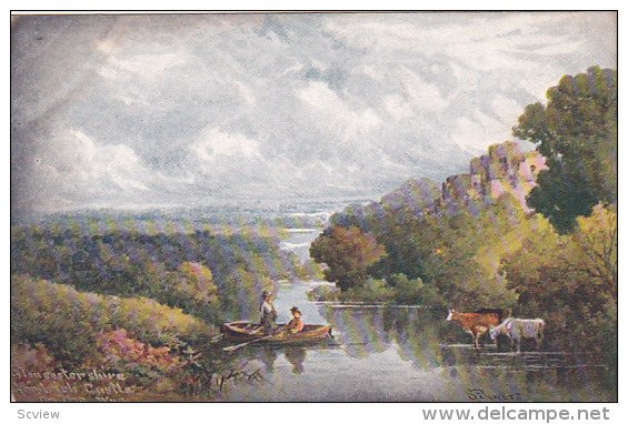 AS: Gloucestershire, Goodrich Castle, Men in row boat, Cows in the river, Eng...