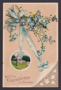 Germany vintage postcard 1917 forget me not flowers ribbon name day greetings