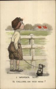 Lovesick Boy w/ Dog on Leash I WONDER WHO IS CALLING HER NOW? Postcard