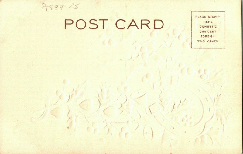 Vtg Postcard 1910s Unused - Merry Christmas Holly Horseshoe Embossed Hearts