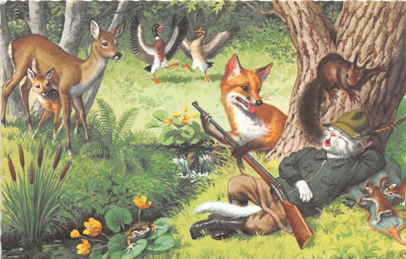 F60/ Alfred Mainzer Dressed Cats Postcard c1940s Hunting Deer Rifle 20