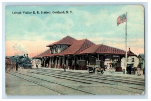 1912 Lehigh Valley R.R. Train Station Depot Car Cortland New York NY Postcard