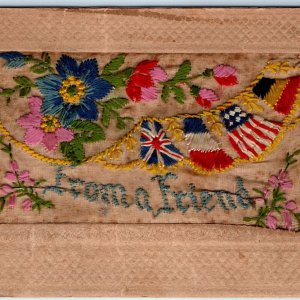 c1910s Silk Embroidery From a Friend Postcard England France Germany Flags A76