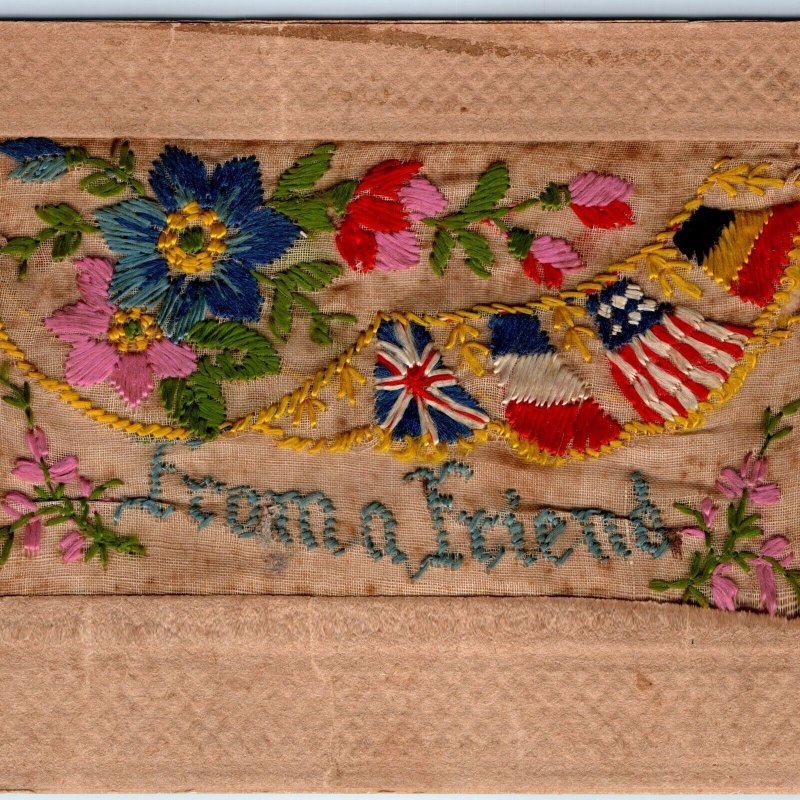 c1910s Silk Embroidery From a Friend Postcard England France Germany Flags A76