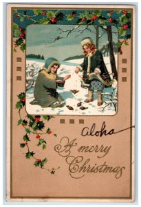 1909 Christmas Woman Feeding Birds Holly Berries Winter Embossed Posted Postcard