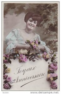 RP; Hand-colored, Joyeux Anniversaire, Woman standing behind wall decorated b...