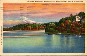 Vtg 1950's Lake Washington Boulevard Mount Rainer Seattle WA Linen Postcard